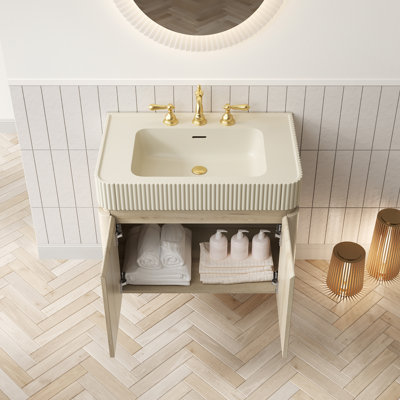 Meuble-lavabo suspendu GECO 30, lavabo intégré en surface solide beige crème avec 3 trous pré-percés pour robinetterie, démonté, robinetterie et bonde non inclus, de couleur chêne blanc.