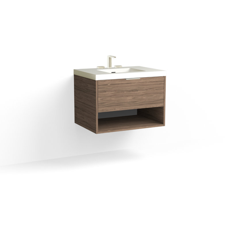 Modo 30" W Wall Mounted Single Bathroom Vanity, Glossy White/Single, Satin Brass, Nocino