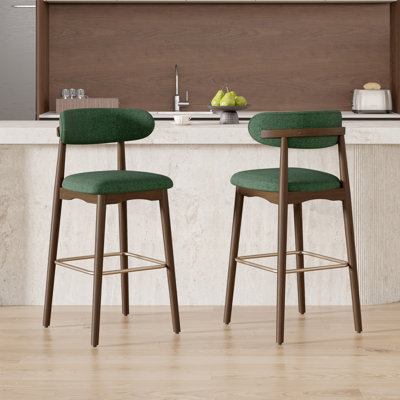 Modern Upholstered Counter Height Bar Stool With Back, Non-swivel, Solid Rubberwood Legs And Bronze Metal Footrest