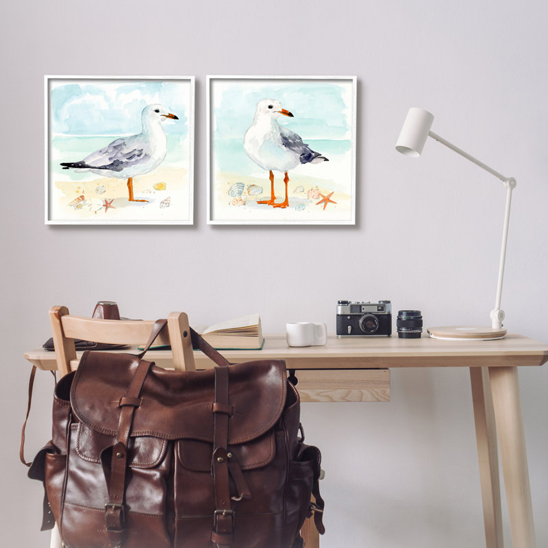 «Seagull & Sandpiper Birds», impression sur bois 2 pièces, Estampe numérique encadrée blanc bord de mer