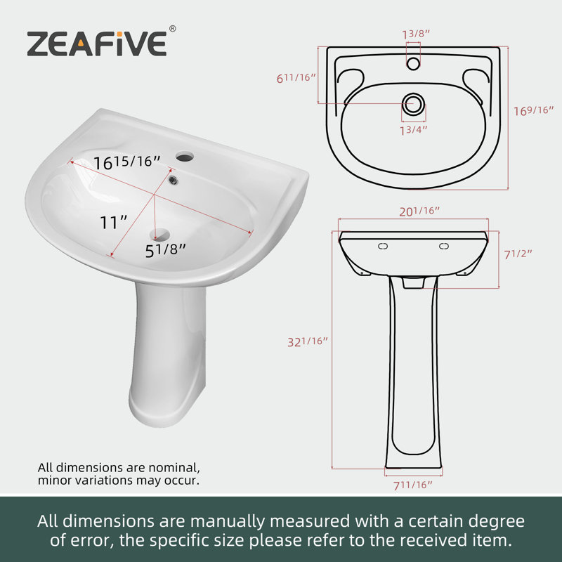 Lavabo de salle de bain piédestal en porcelaine vitrifiée de 32 po de hauteur avec trop-plein