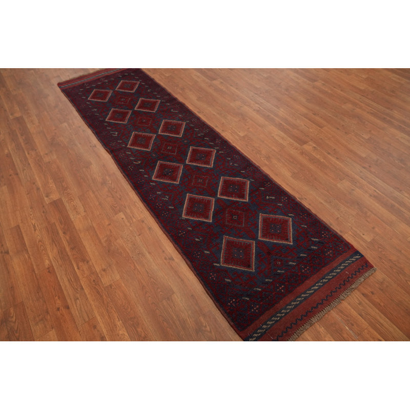 Tapis de couloir afghan traditionnel géométrique rouge et bleu 2x8