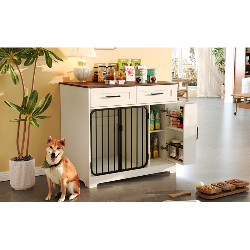 Table d'appoint pour chien avec cage pour chien de 37,4 po, chenil d'intérieur avec 2 tiroirs et armoire de rangement, meuble Modern