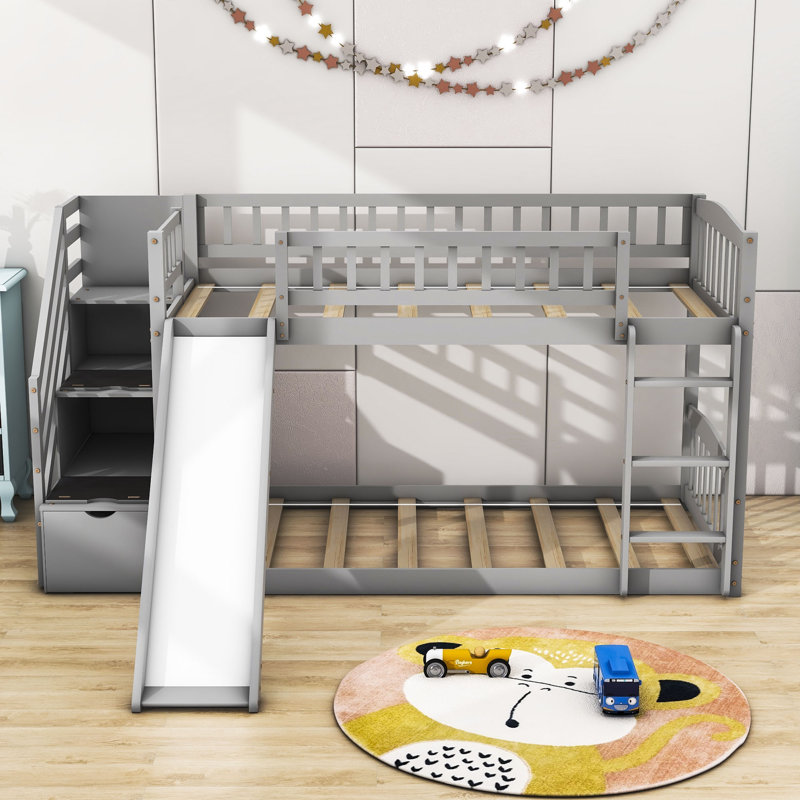Twin Over Twin Wood Bunk Bed with Slide and Storage Staircase, Gray