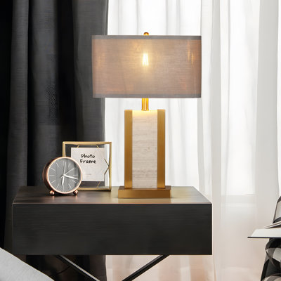 Tihana Nature Alabaster Stone Travertine Gold Metal Table Lamp Pale Gray Shade Mid-Century Modern