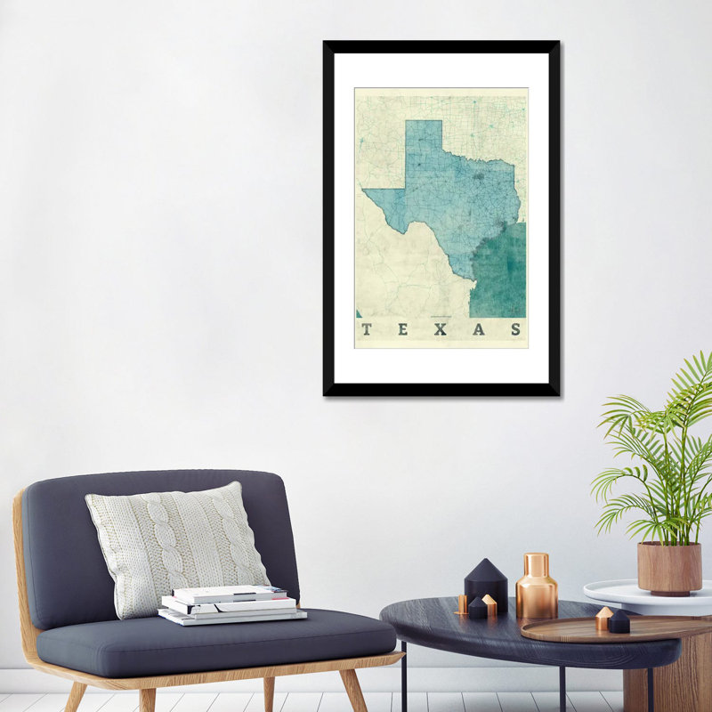 «Texas Map», impression sur toile, Papier d'art encadré noir, H 32 po x l 24 po x P 1 po, Blanc