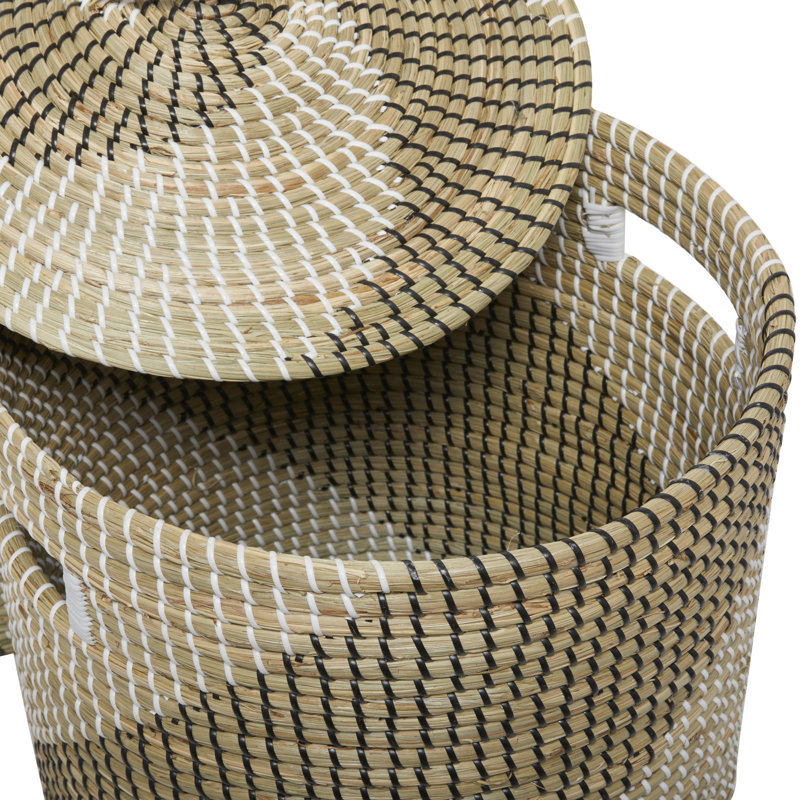 Handwoven Seagrass Round Storage Baskets with Lids, Set of 2