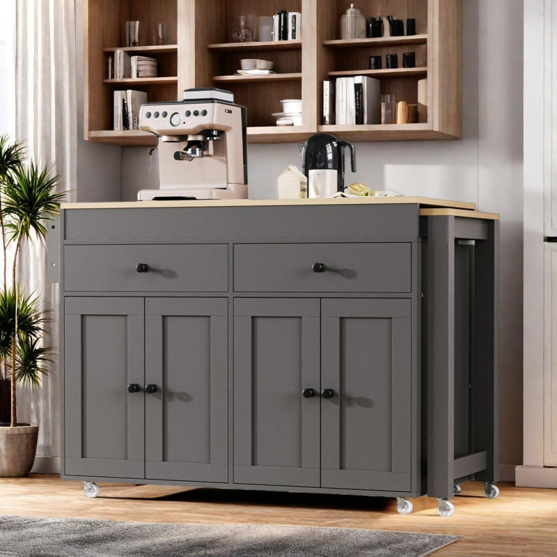 Kitchen Island with Extendable Dining Table, Rolling Cart with Spice Rack & Drawers, Gray
