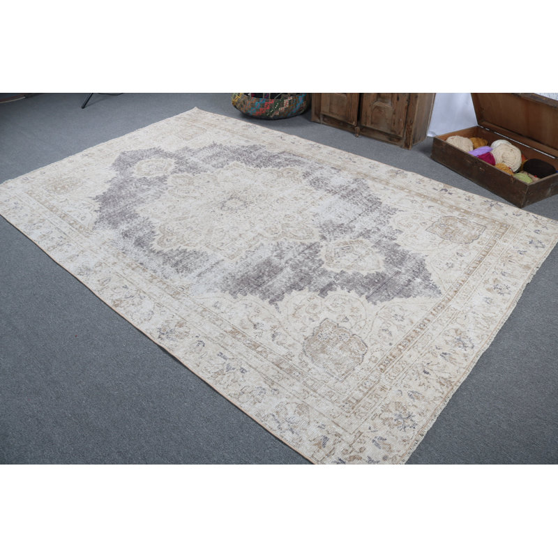 Élégant grand tapis Oushak turc beige rétro parfait pour ajouter de la grâce à votre salon