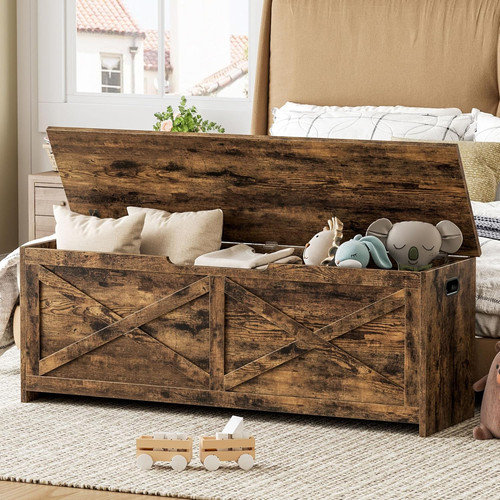47.2" Wooden Storage Bench with Safety Hinges, Large Toy Chest for Entryway, Living Room & Bedroom, Brown