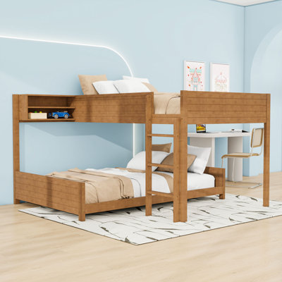 Full XL over Full XL Wooden Bunk Bed with Built-in Storage Shelves