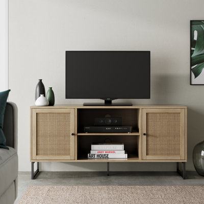 Meuble télé en rotin et bois à 2 portes pour téléviseur de 55 po ou moins