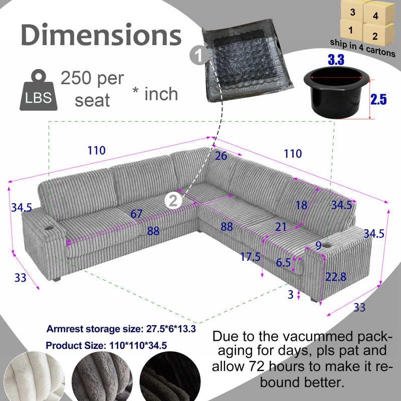 Vega 110"W Corduroy Upholstered Deep Seat Symmetrical Sectional, Dark Gray Corduroy