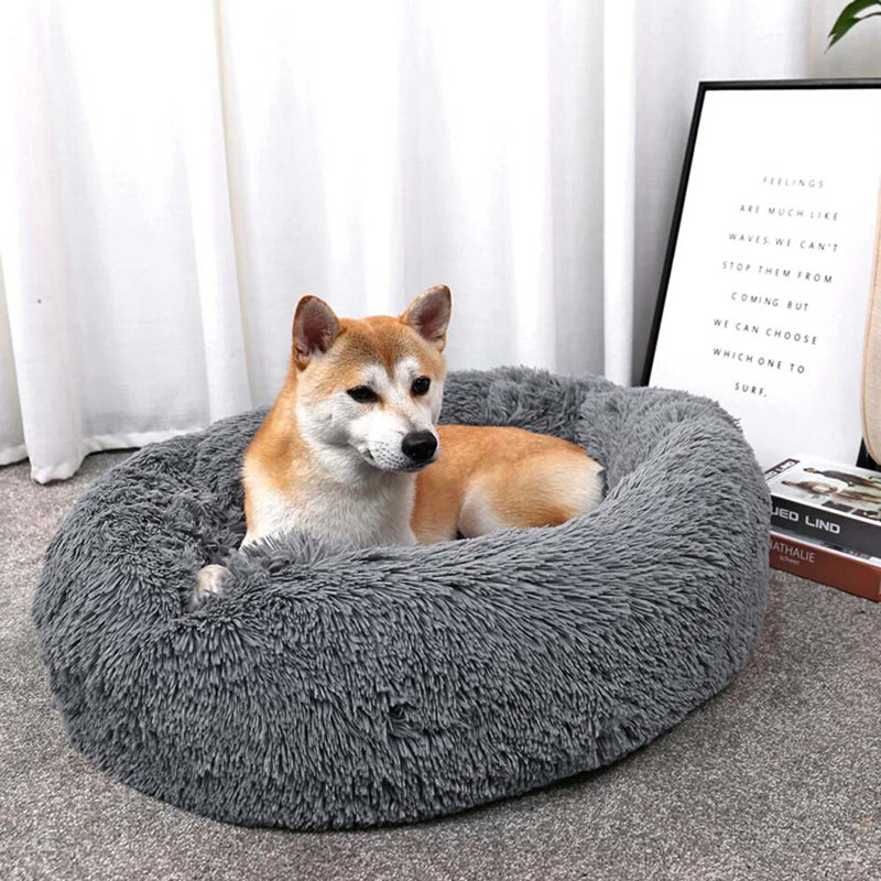 Almaguer Calming Round Donut Plush Dog Cuddler Bed, Small (50cm W x 50cm D), Dark Grey