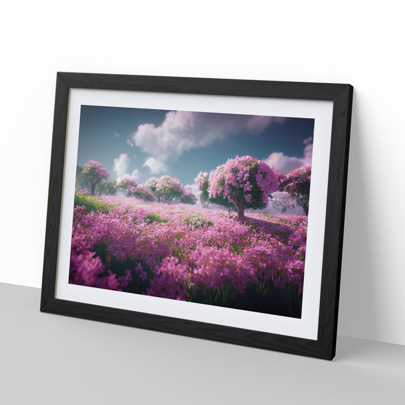 Cherry Blossom Flower Field - Single Picture Frame Print, 34cm H x 46cm W x 2cm D, Black
