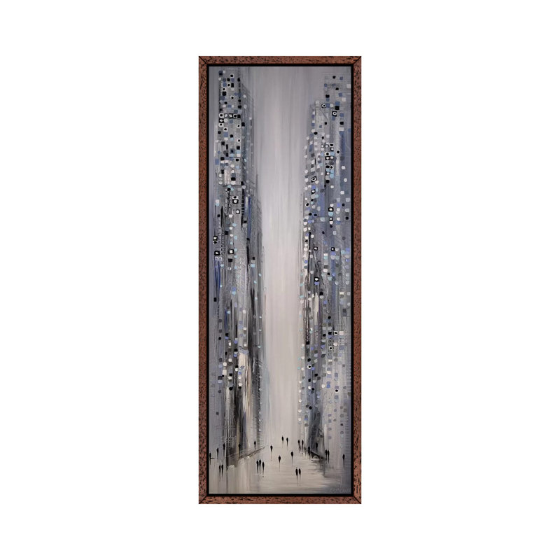 City In Lights by Ekaterina Ermilkina - Panoramic Painting on Canvas, 30.48 cm H x 91.44 cm W, Classic Brown Wood Framed