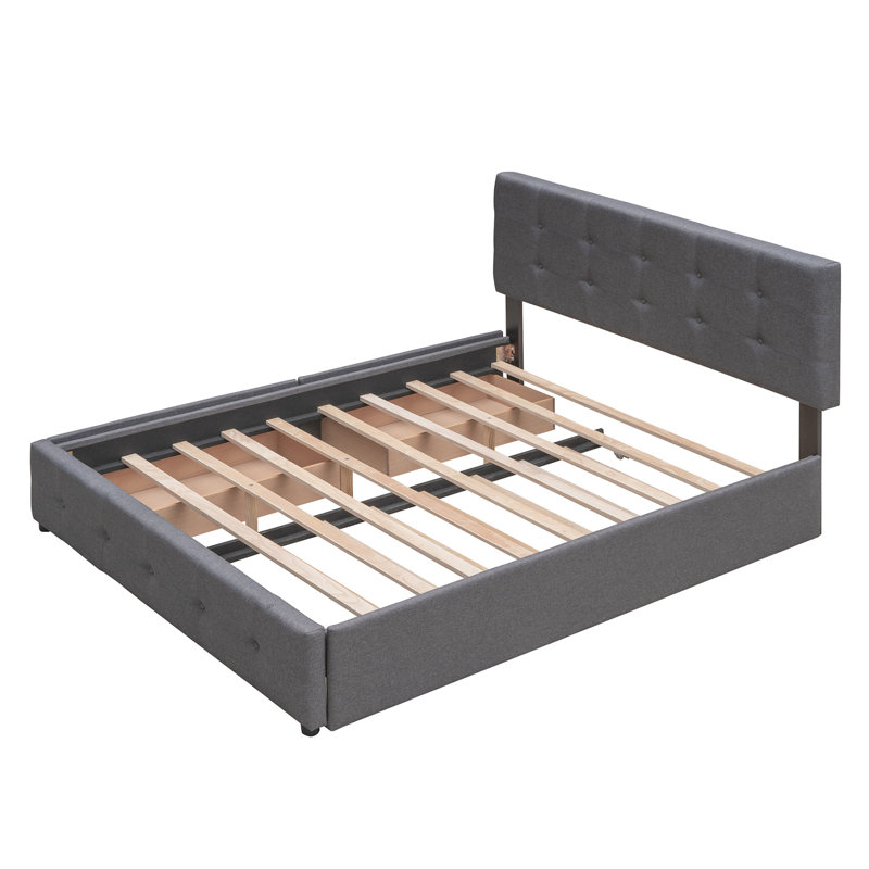 Linen Upholstered Storage Bed with 2 Drawers and 1 Twin XL Trundle, Dark Gray