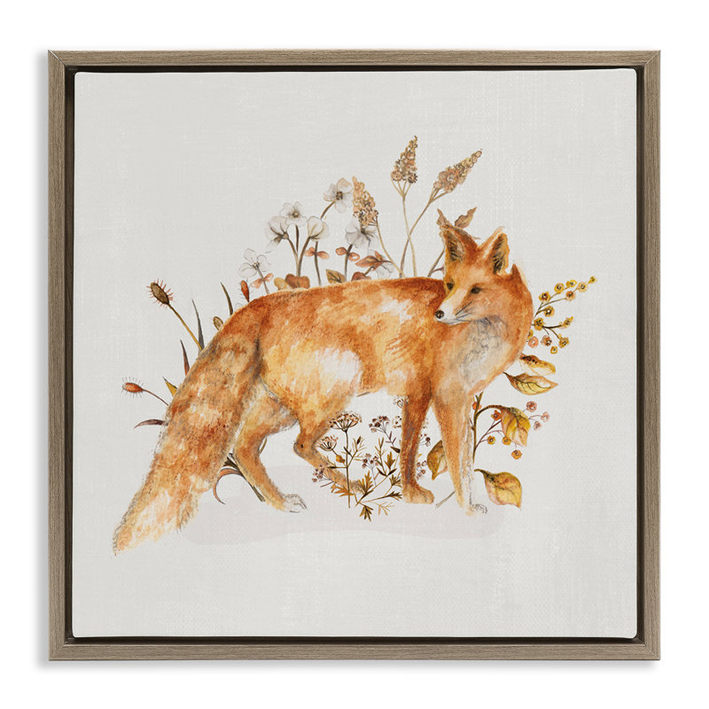"Forest Fox & Botanicals", art mural sur toile flottante noire par Janice Gaynor, Cadre flottant orme Montalcino