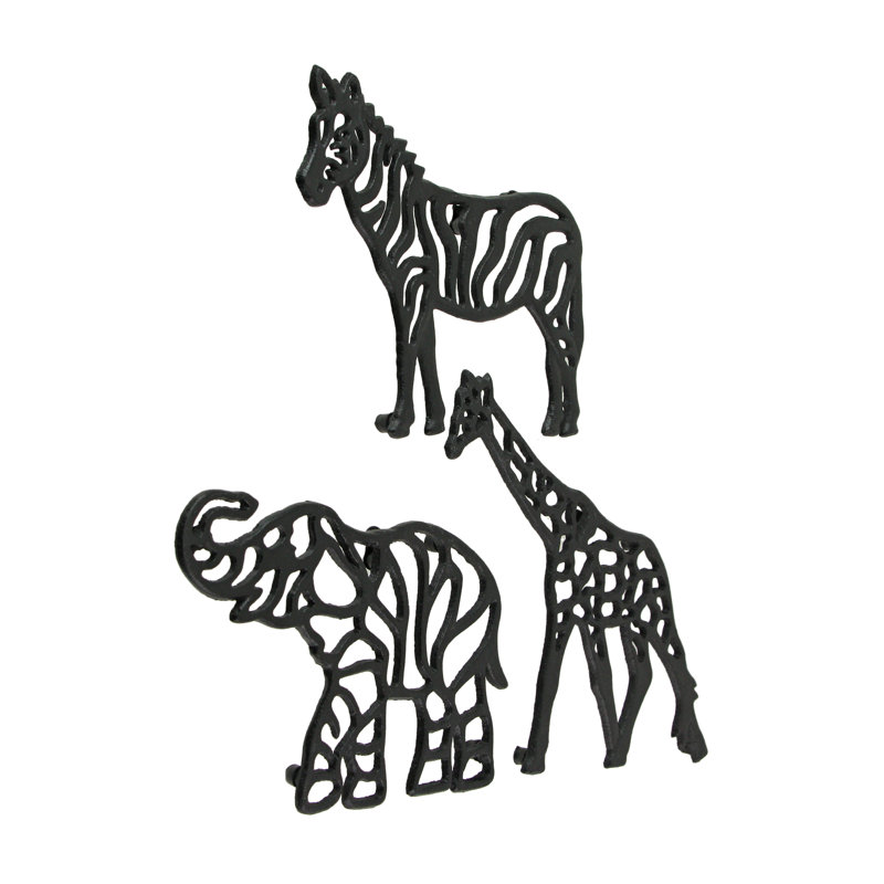 Rustic black enamel cast iron 3-piece safari trivet set, giraffe, zebra and elephant — 9.5x8.75, 8.5x7.25, 8.75x6.25 in.; 0.5 in. high