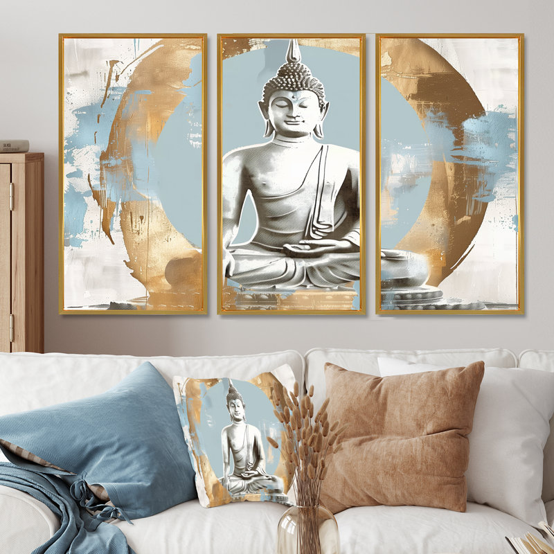 Bouddha doré gris et doré, réflexion I - ensemble d'art mural bouddhisme, Toile avec cadre flottant or