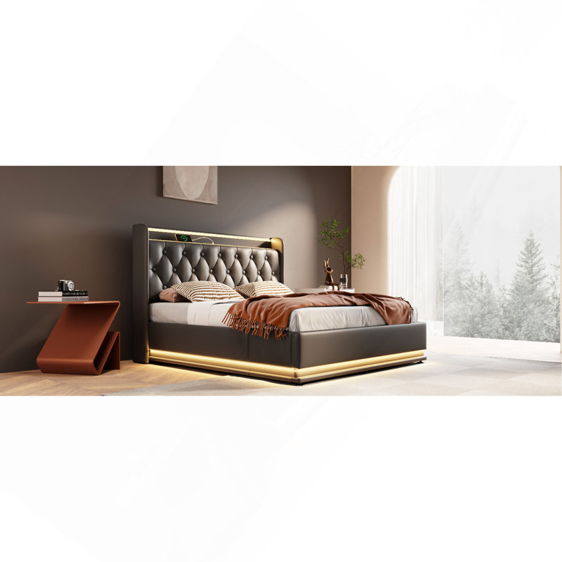 Upholstered Bed With Storage, Rgb Lights And Usb Ports, Twin, Black