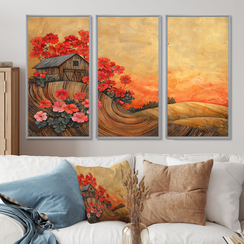 «Geraniums Flowers At Barn Landscape I» - art mural géraniums - ensemble de 3, H 28 po x l 36 po, Argent argent