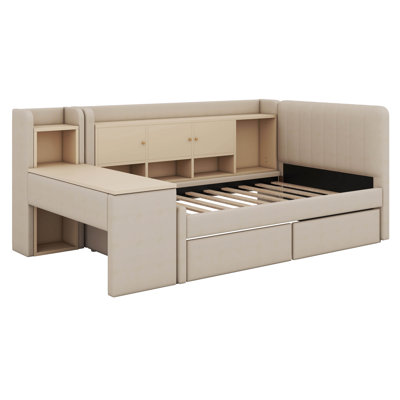 Upholstered Daybed Twin Size With Flip Cabinets & Side Table/Desk, 2 Drawers And Shelve