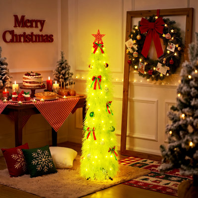 Sapin de Noël artificiel de 1,80 m, préilluminé avec des lumières DEL blanc chaud - Sapin festif moderne et mince pour appartement, bureau et décoration de fête (rose / vert fluo)
