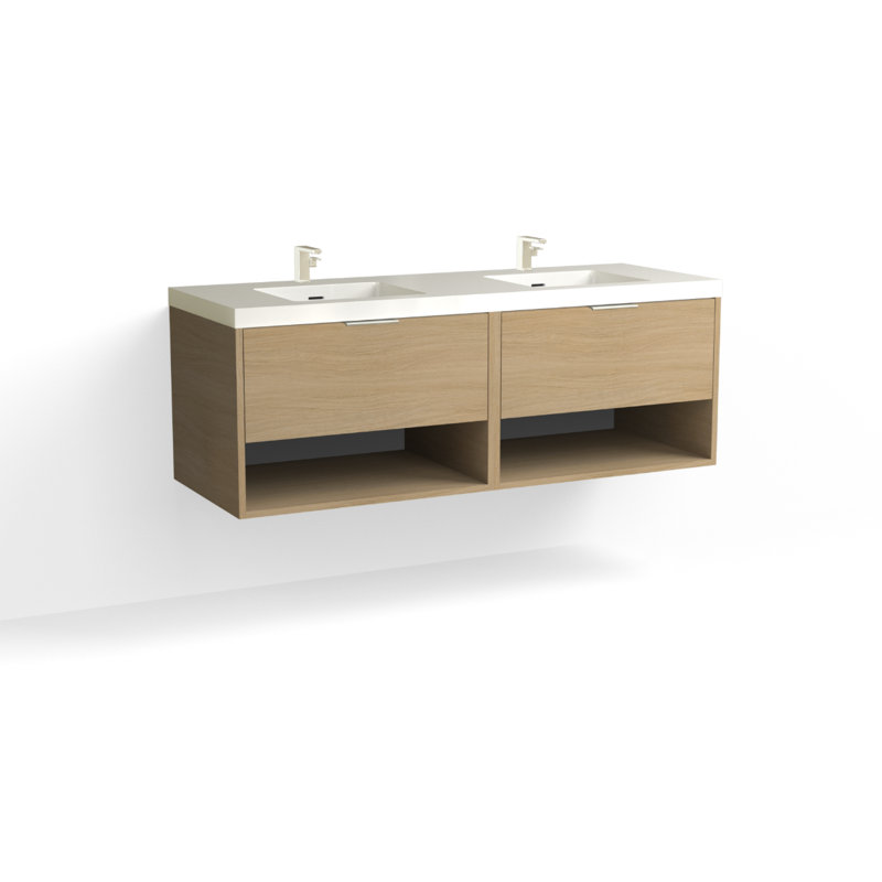 Modo 60" W Wall Mounted Double Bathroom Vanity, Glossy White/Single, Satin Nickel, White Acrylic