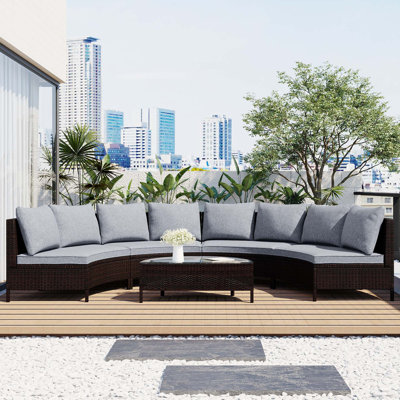 5 Pieces All-Weather Brown PE Rattan Wicker Sofa Set Outdoor Patio Sectional Furniture Set Half-Moon Sofa Set With Tempered Glass Table -  Red Barrel Studio®, 93FC7EF64B7C44AFB487791826DBEB14