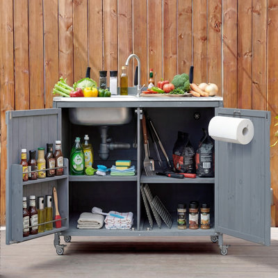 Outdoor Pizza-Making Sink, 304 Stainless Steel Sink With Faucet Hose, Splash Guard And Casters, Gray-Blue Cabinet.