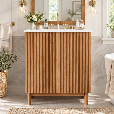 Meuble-lavabo de salle de bain moderne et traditionnel de 76 cm (30 po), caisson en MDF avec pieds en bois massif, lavabo en céramique, bois naturel