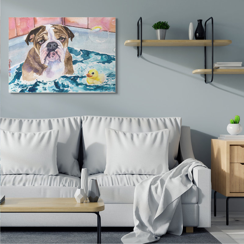 Bulldog anglais dans des bulles de canard en caoutchouc, H 36 po x l 48 po, Toile tendue