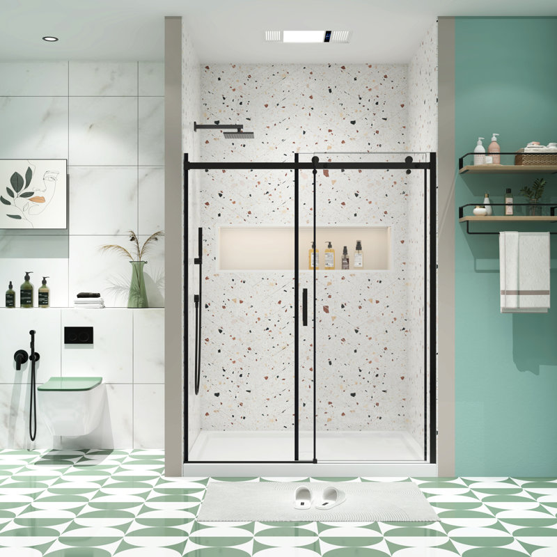 Matt Black Sliding Shower Door - 5/16" Tempered Glass, Nano Clean Functionality Bathroom Door, Matted Finish, Adjustable Wall Channel