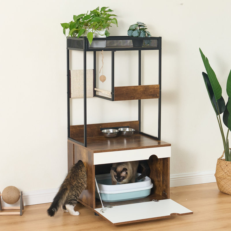 Armoire pour chat en forme de chat de style rétro - pour l'intimité des animaux de compagnie avec un bac à litière fonctionnel et ventilé en style américain