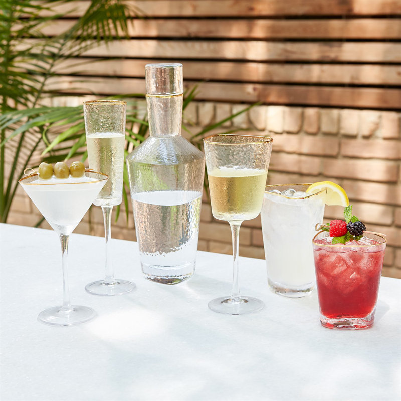 Hammered Wine Glass-Clear w/Gold Rim
