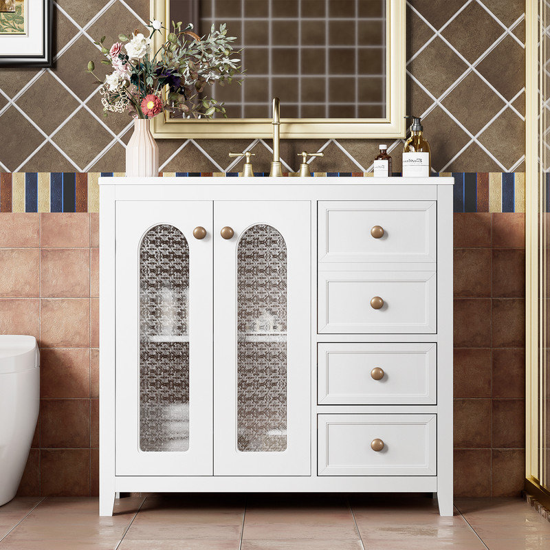 Meuble-lavabo de salle de bain avec lavabo en céramique, portes à fermeture douce, tablettes réglables et trois tiroirs