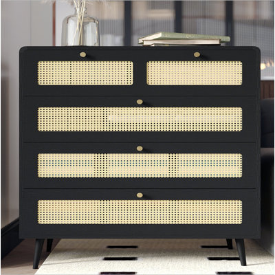Commode 4 tiroirs, commode moderne en rotin avec tiroirs larges et poignées en métal, commode de rangement en bois de style campagnard pour chambre à coucher, salon, couloir, entrée