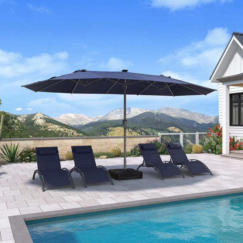 Parasol 14 pi double face bleu marine avec base et éclairage solaire Parasol de marché extérieur avec manivelle Parasol rectangulaire pour terrasse de jardin