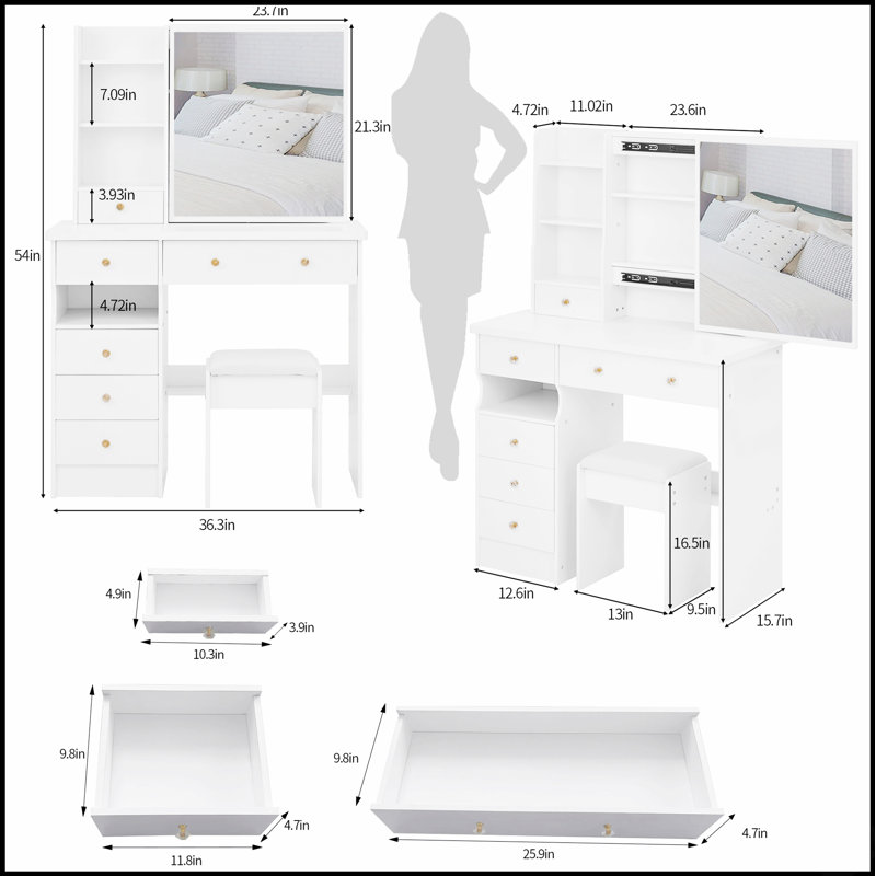 37-Inch Vanity Table With Extra Large Sliding Mirror, Multi-Layer Storage, And Cushioned Stool For Large Spaces, White
