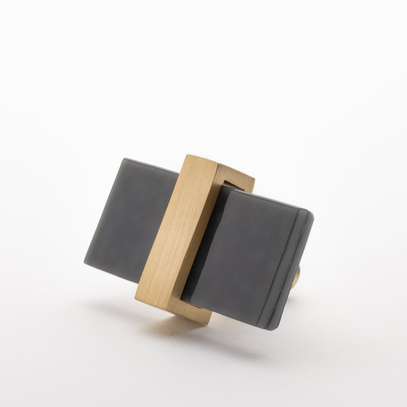 2” Length Rectangle Knob, Satin Brass/Slate Gray