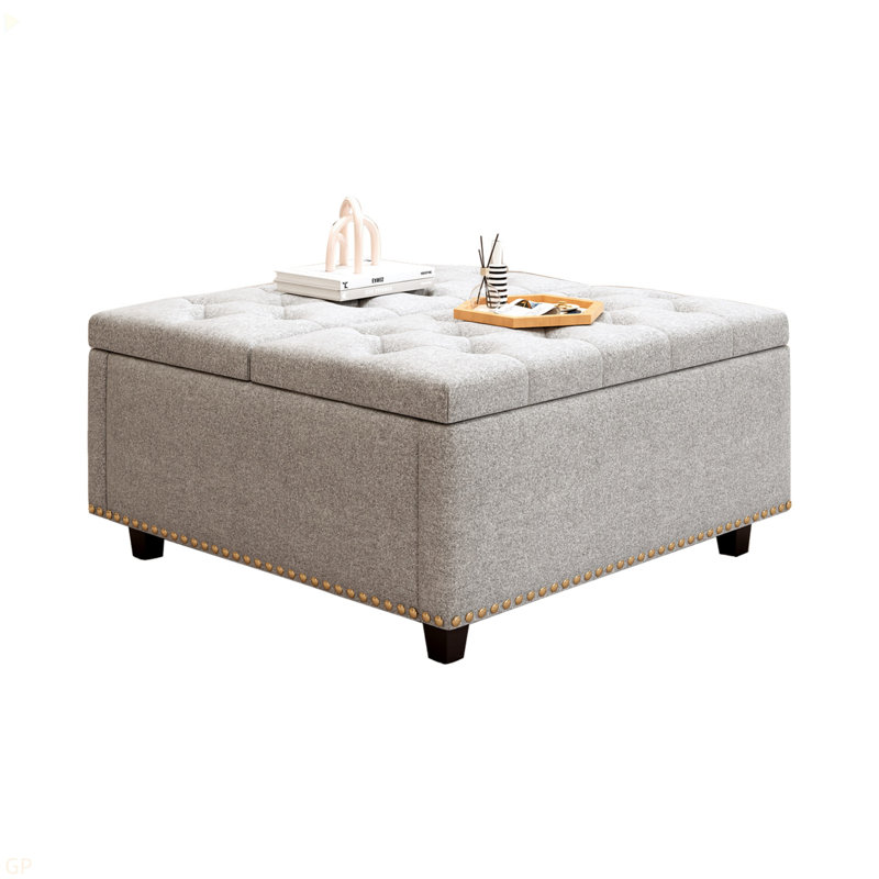 Large Square Storage Bench, Footstool With Two Storage Doors, Mid-Century Modern Coffee Table