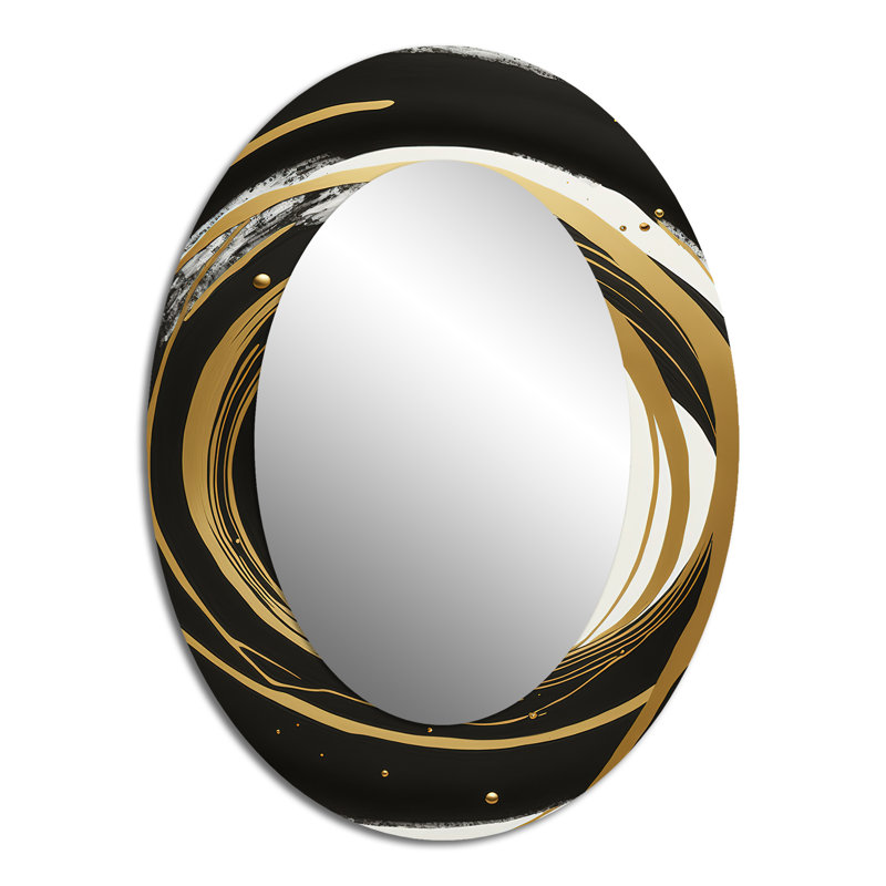 Black, Silver And Gold Blending Swirls III - Black Modern Oval Wall Mirror, 40" x 30"