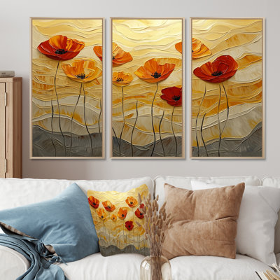 Coucher de soleil sur les vagues du champ de coquelicots II - Art mural grand coquelicots - 3 panneaux