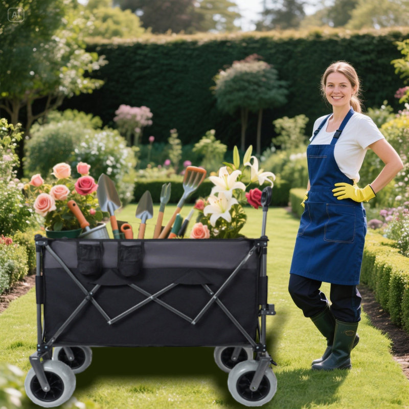 Chariot pliable robuste avec roulettes tout-terrain, capacité de poids de 480 lb, freins, poches et porte-gobelets
