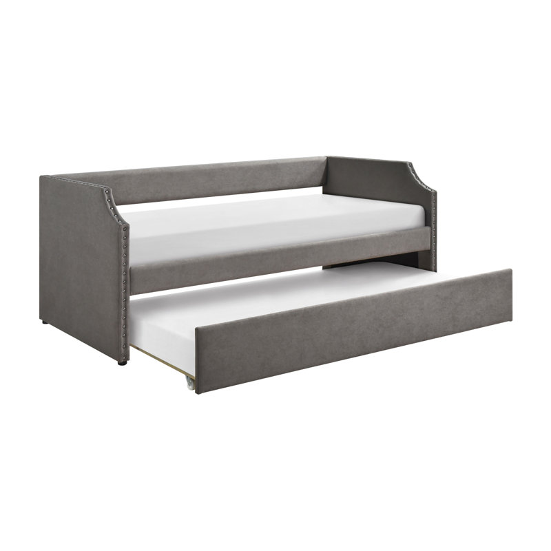 Lit de jour moderne moderne avec couchette en tissu texturé gris foncé et tissu d'ameublement 1 pièce, Gris foncé