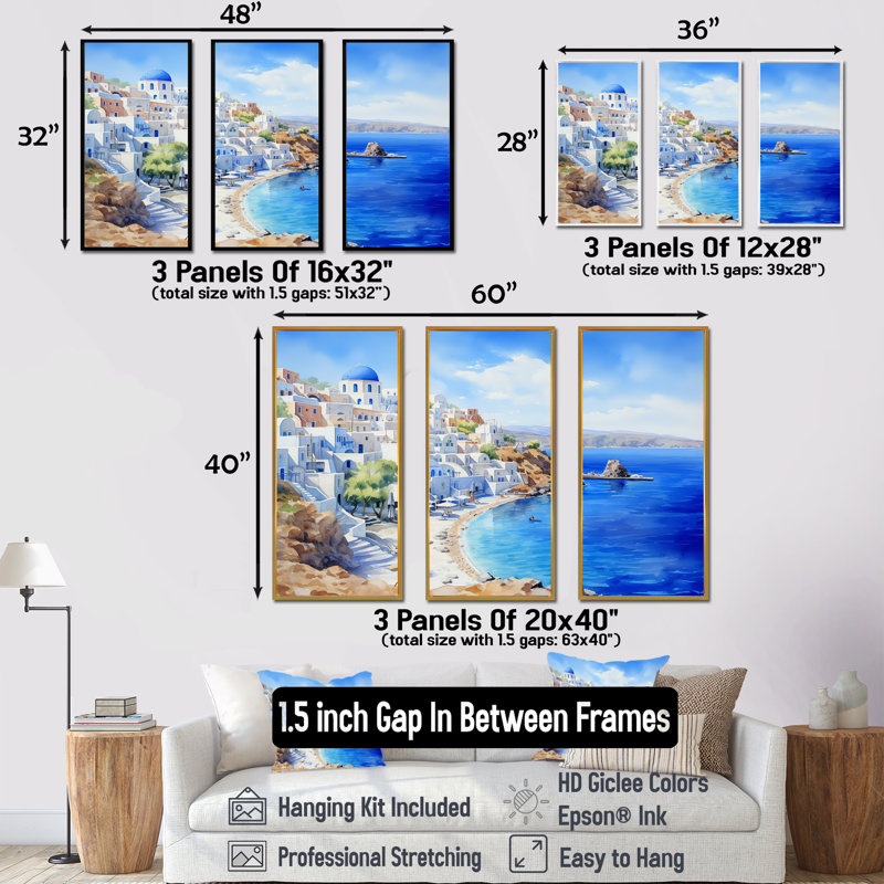 Grèce, Santorini, vue côtière III - Grèce, art mural, Cadre flottant brun, H 32 po x l 48 po