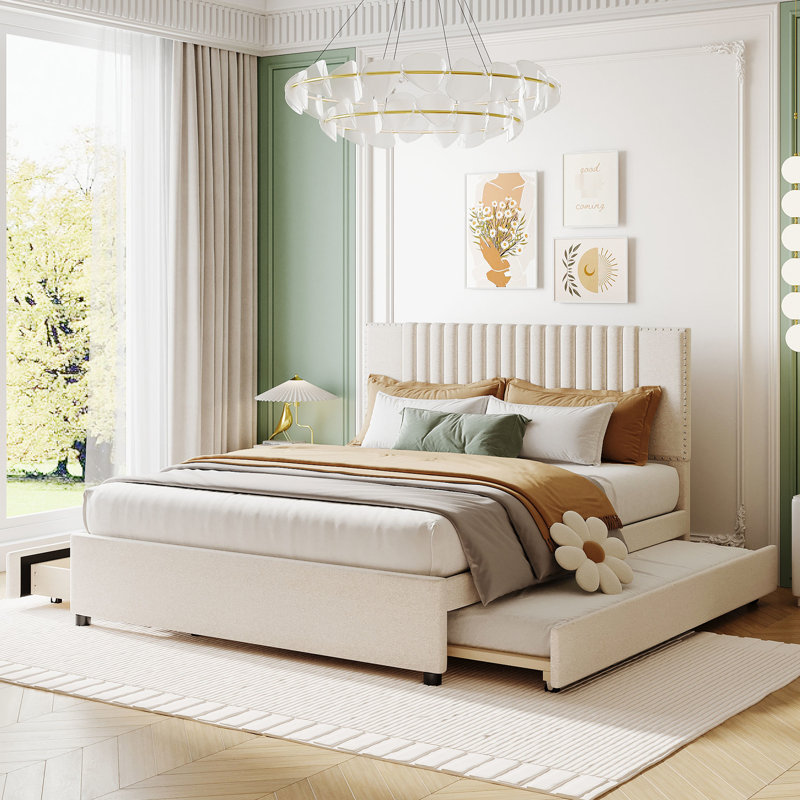 Grand lit tapissier avec 2 tiroirs et lit gigogne, mousse confortable, tête de lit classique, plateforme beige - tête de lit gigogne pour chambre à coucher
