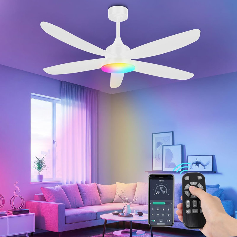 Ceiling Fan With Light, 42"RGB Ceiling Fans With 6 Reversible Speeds, 3000-6500K Stepless Dimming, Modern Small Low Profile Ceiling Fan For Bedroom/Indoor/Outdoor