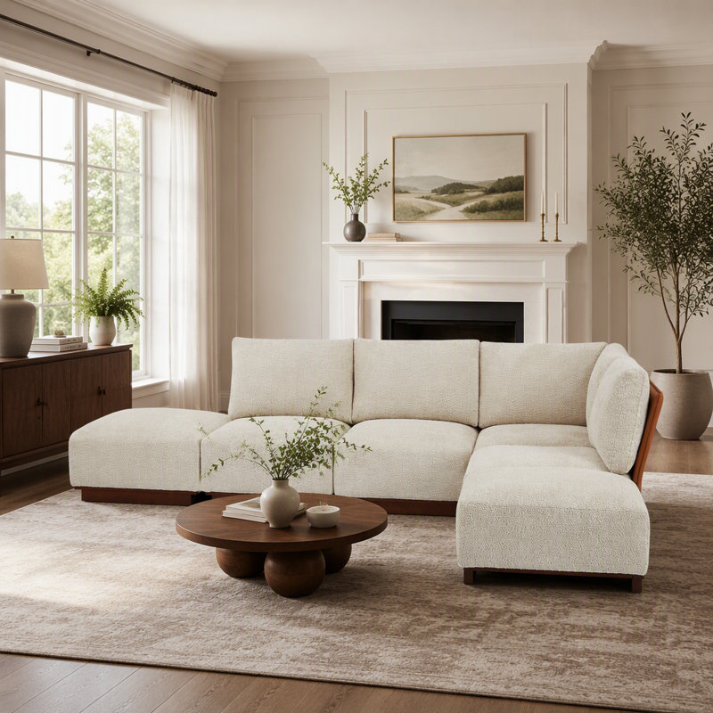 Canapé d'angle modulaire en boucle avec pouf offrant des configurations d'assise flexibles et un confort ergonomique pour les espaces de vie modernes.